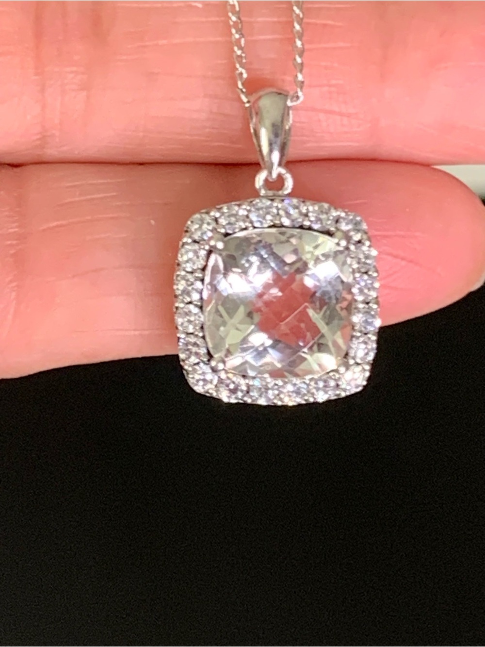 Vtg 925 Sterling Silver Cushion Cut White Topaz Cubic Zirconia Square Pendant Ne